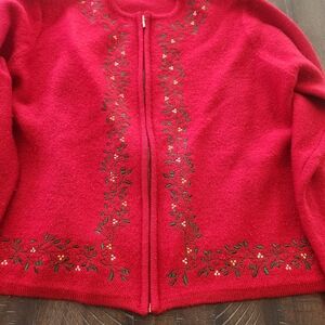 Karen Scott Pure Wool Red Jacket size XL with Floral embroidery